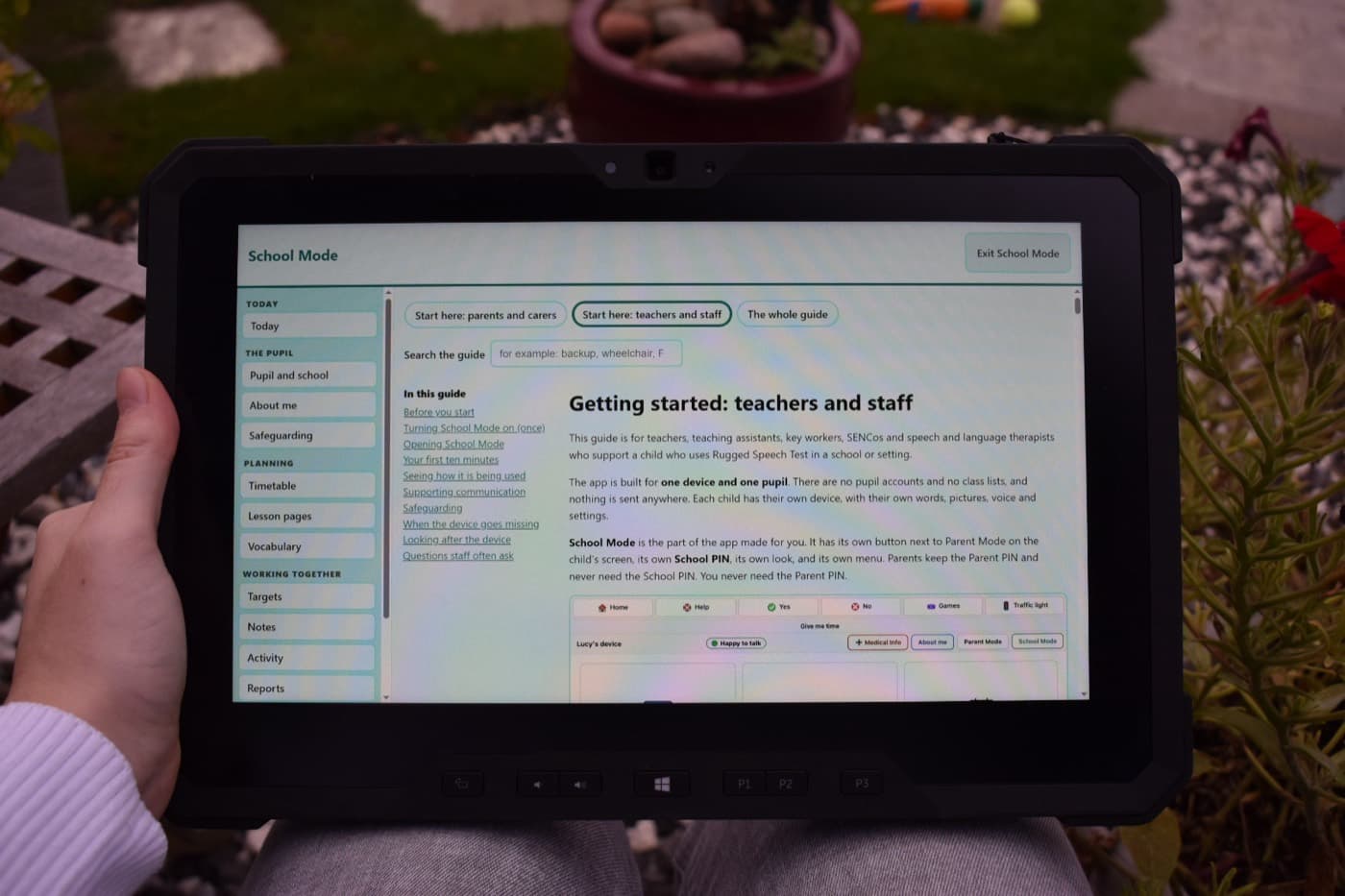 Rugged Speech School Mode showing the staff guide on a rugged tablet