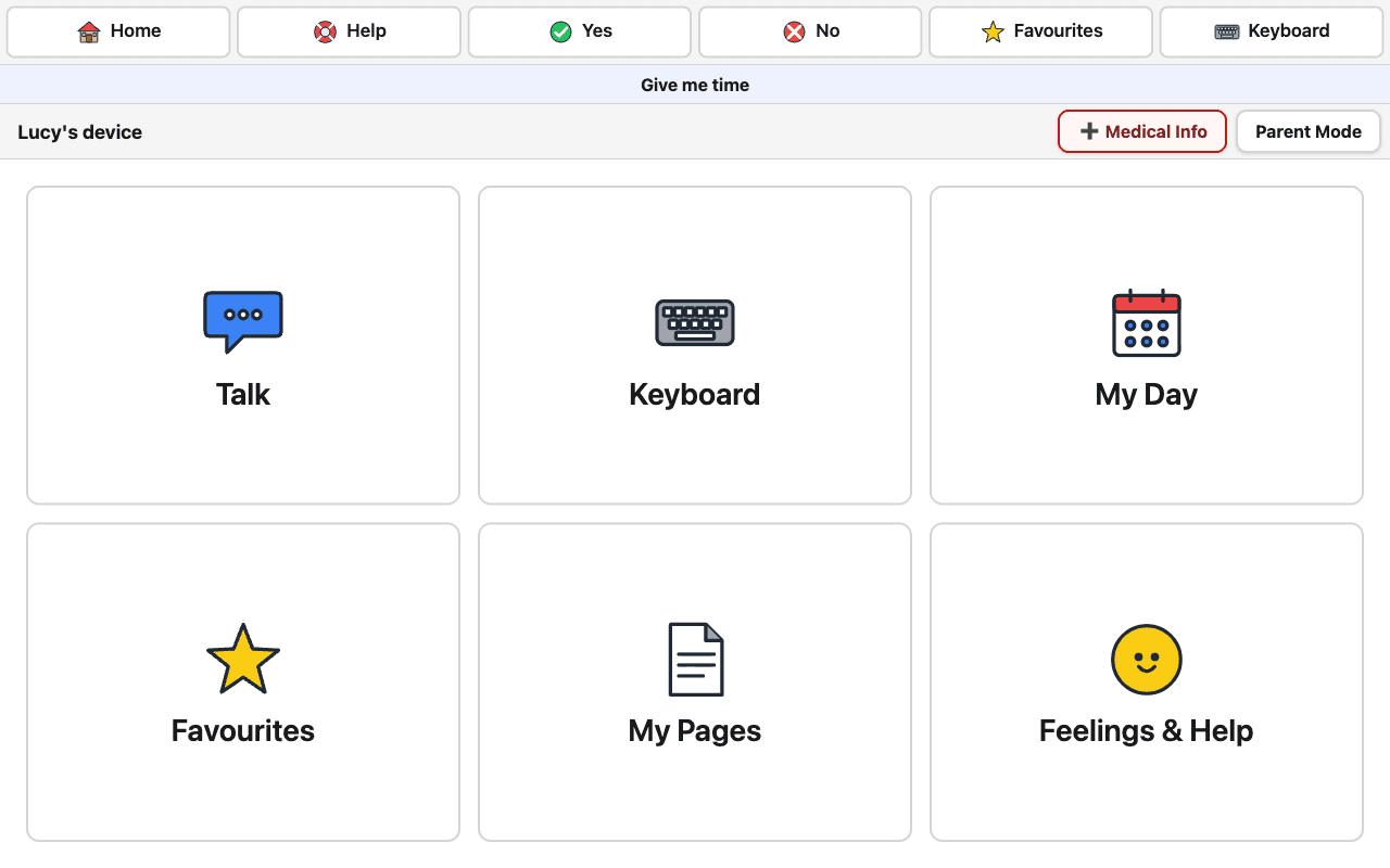 The Rugged Speech home screen: Talk, Keyboard, My Day, Favourites, My Pages and Feelings & Help